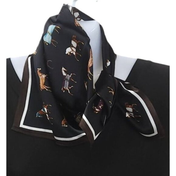 Luxury Black 100% Silk Equestrian Horse Print Scarf With Brown Border Decorative - Picture 12 of 12